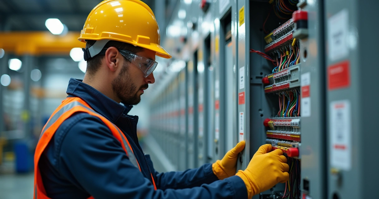Profissional realizando instalação elétrica industrial com EPIs