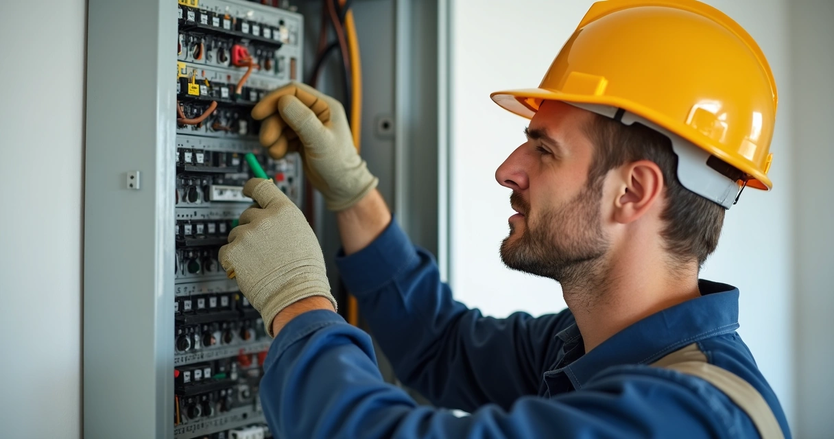 Eletricista revisando quadro de distribuição residencial 