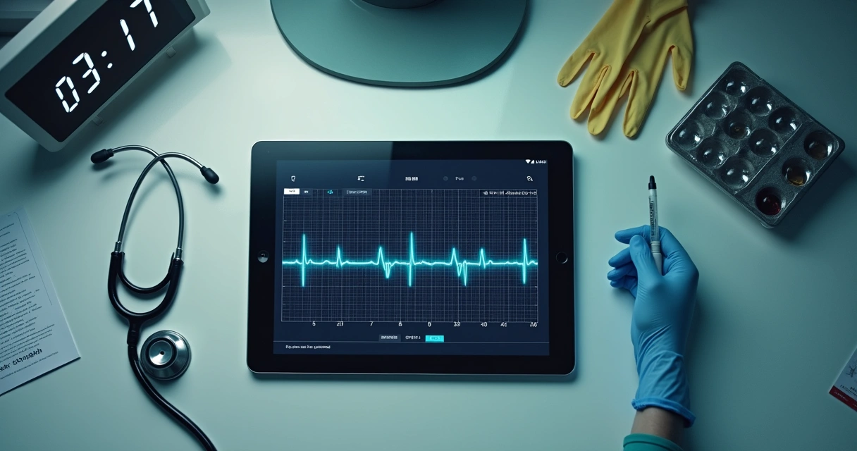 Planta baixa de mesa de emergência com traçado de taquicardia supraventricular em tablet ao lado de materiais de plantão 