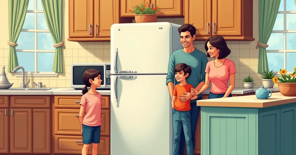Família sorrindo ao redor de geladeira antiga na cozinha 