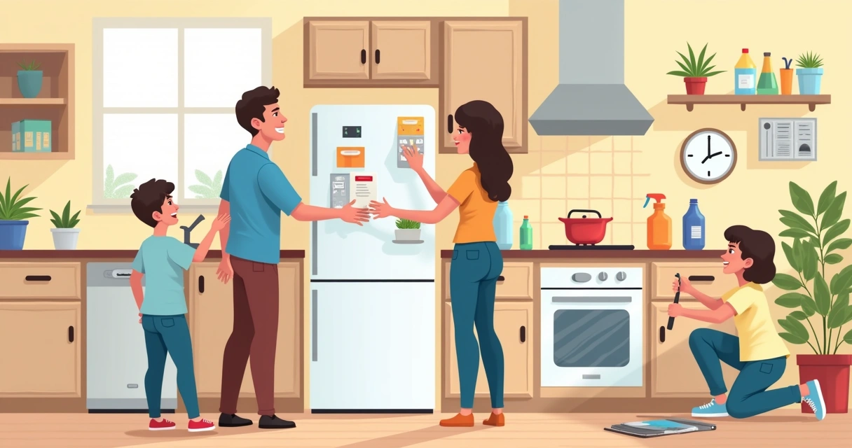 Família realizando manutenção em geladeira em casa 