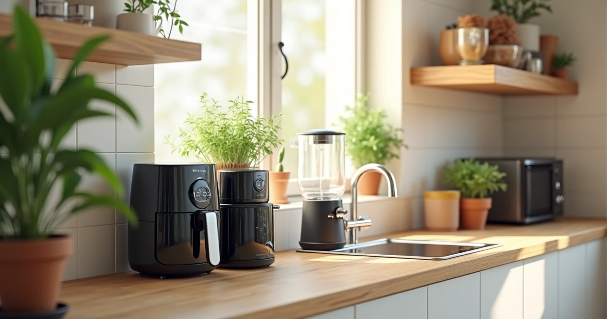 Eletrodomésticos variados em cozinha organizada 