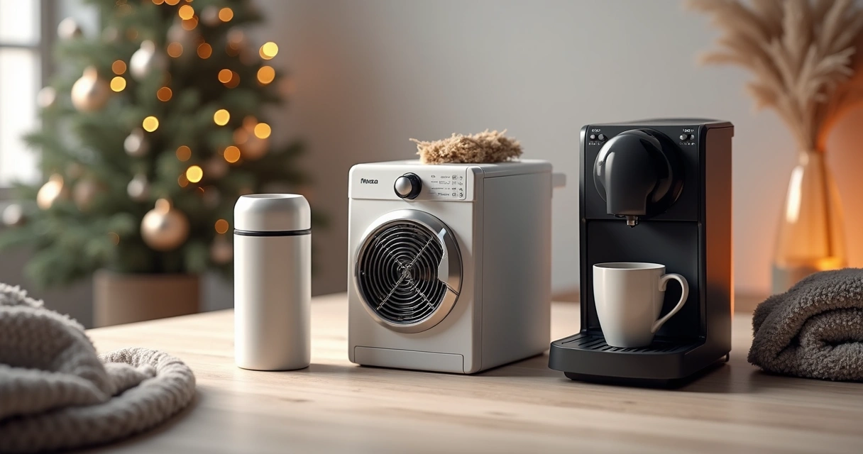 Aquecedor, secadora e cafeteira para o inverno em marketplace, destaque para produtos compactos e bem iluminados