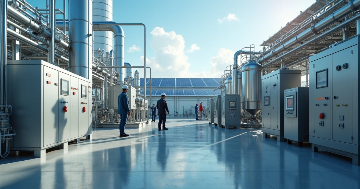 Planta industrial de eletrólise com tanques e painéis solares 