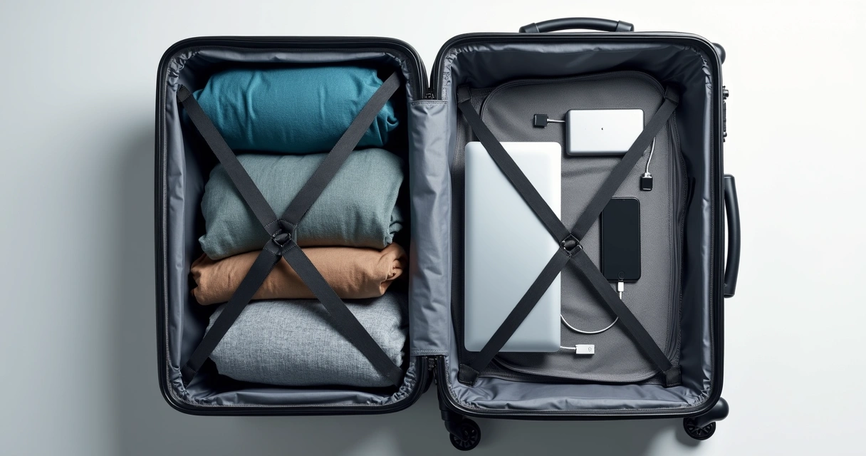 Compartimento da mala com eletrônicos organizados