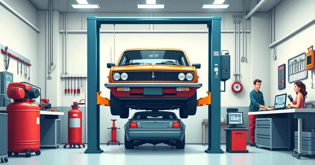 Elevador automotivo ao lado de equipamentos em oficina mecânica 