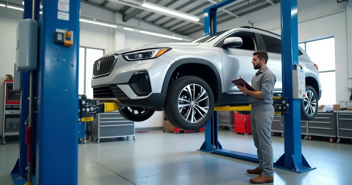 Técnico inspecionando elevador automotivo em oficina 