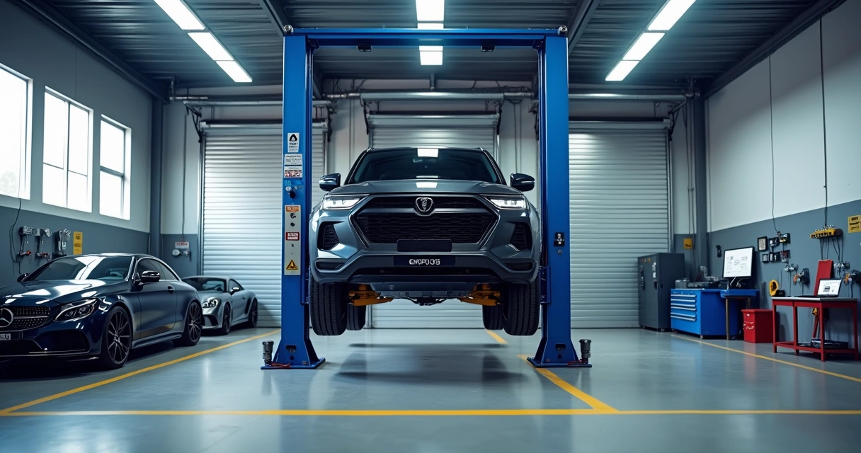 Elevador pórtico levantando SUV em oficina automotiva ampla 