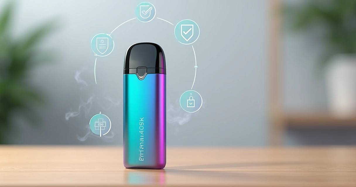 Pod descartável Elfbar 40K apoiado em mesa com ícones de segurança ao fundo 