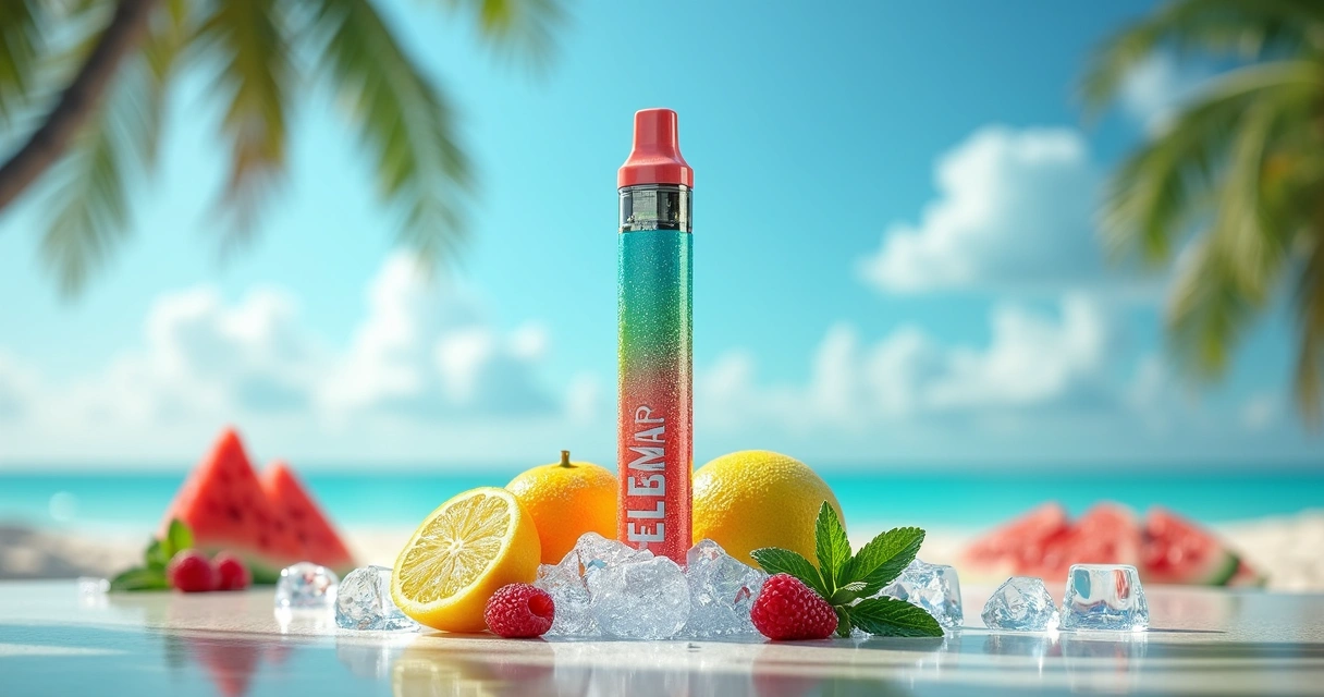 Pod descartável Elfbar Ice King 40K Summer colorido sobre fundo de verão com gelo e frutas 