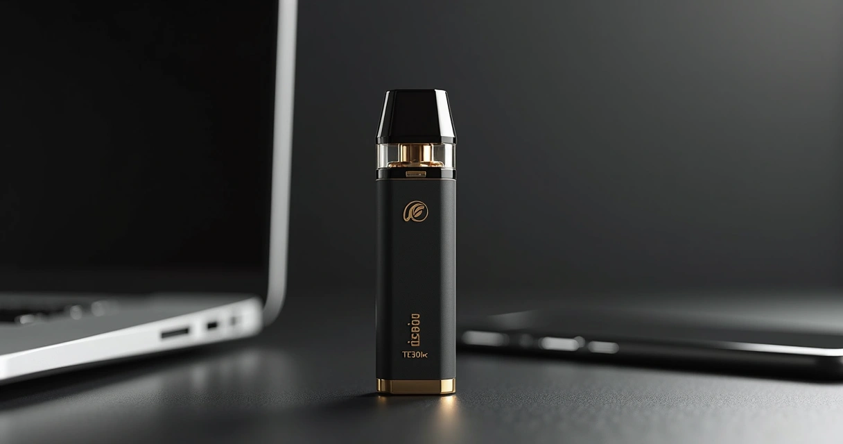 Pod descartável Elfbar TE30k Gold Black em destaque sobre fundo escuro elegante 