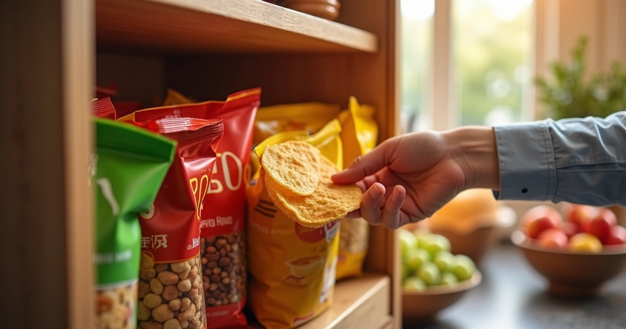 Pessoa retirando salgadinhos e produtos ultraprocessados da despensa 