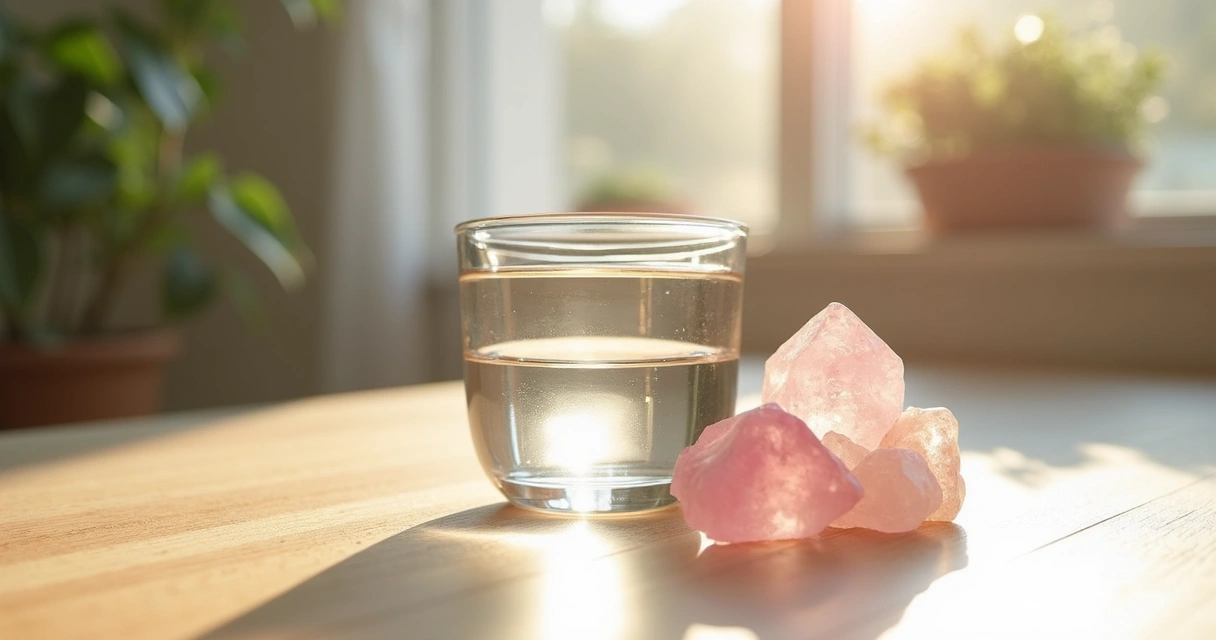 Copo de vidro com quartzo rosa ao lado 