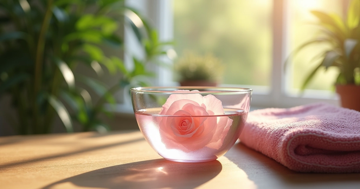 Água com quartzo rosa e raios de luz incidindo 