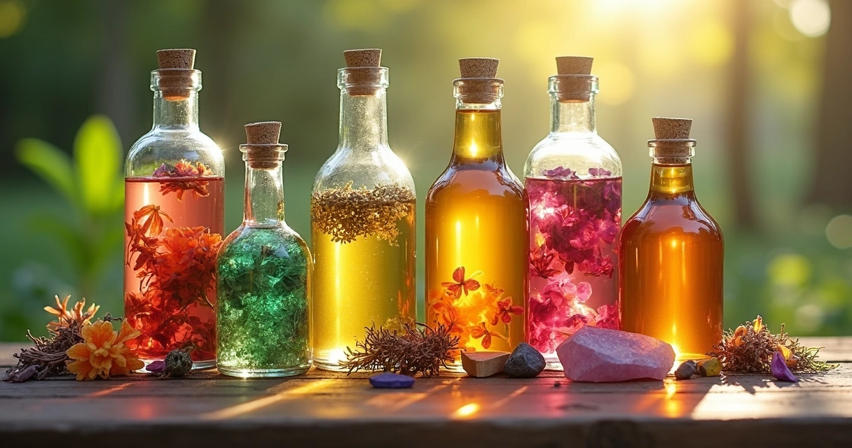 Frascos de vidro coloridos com poções naturais e ingredientes em volta 