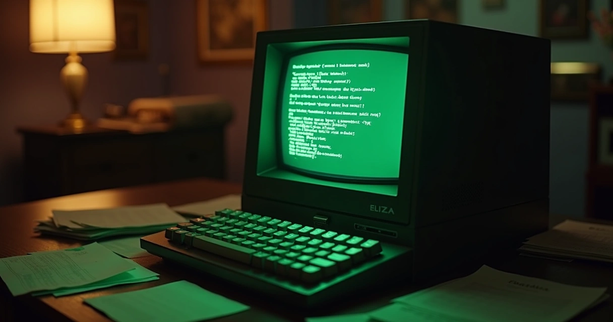 Terminal antigo com tela preta exibindo interface do ELIZA 