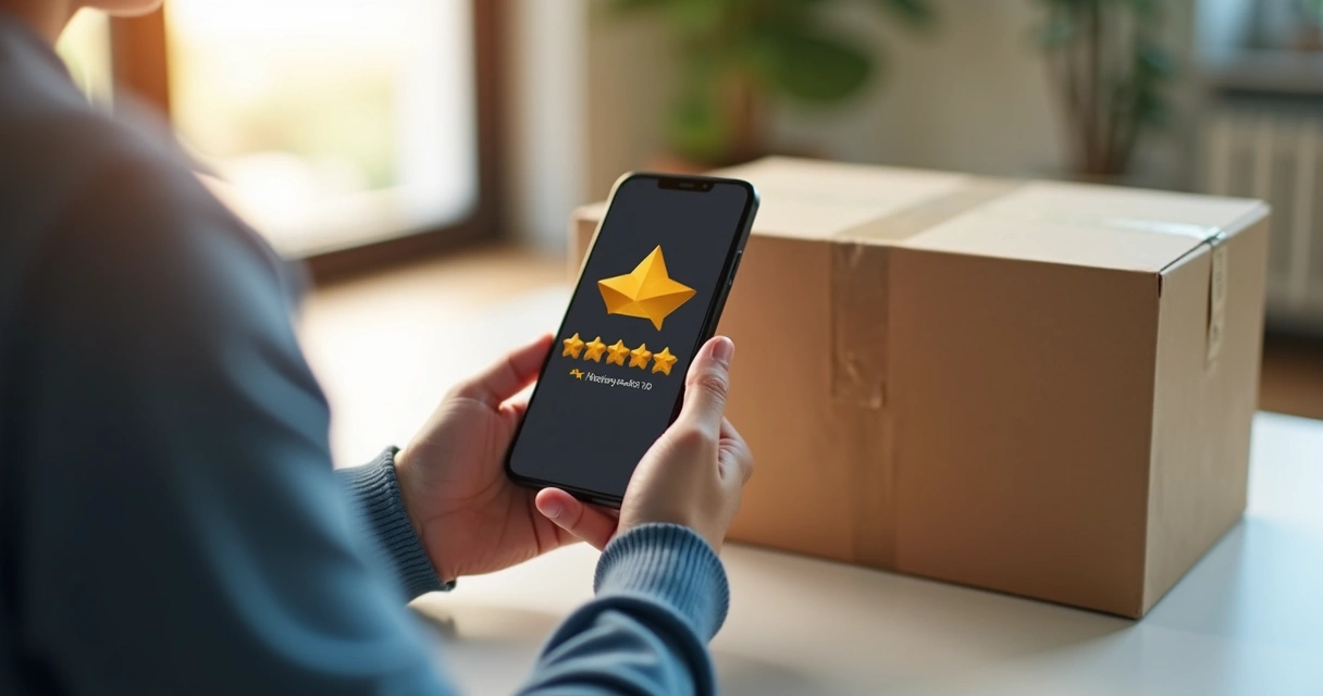 Cliente mostrando avaliação 5 estrelas em smartphone após receber encomenda