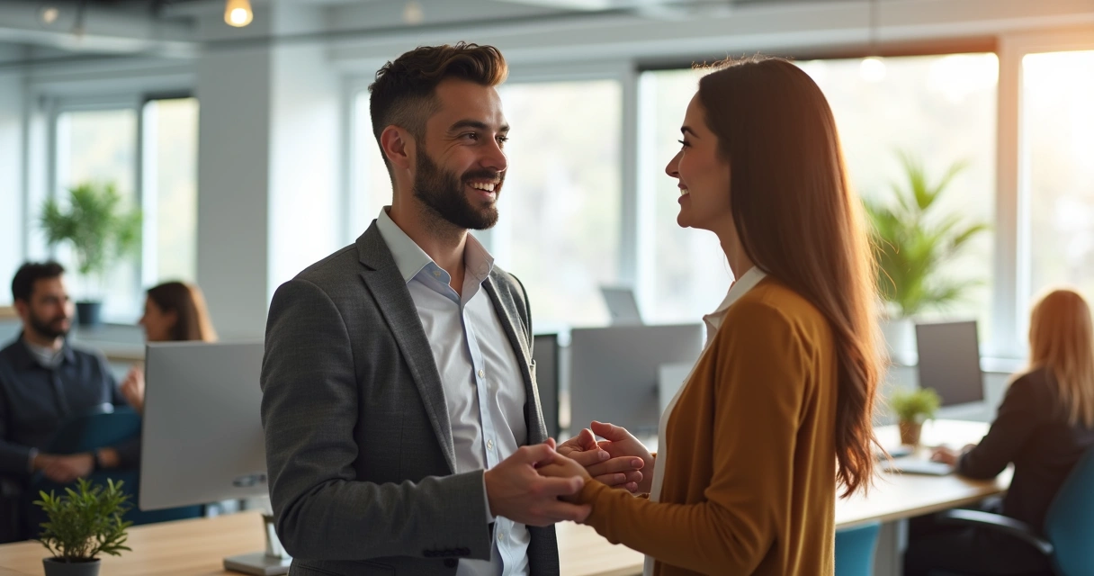 Colega de trabalho elogiando outro colega em ambiente de escritório 