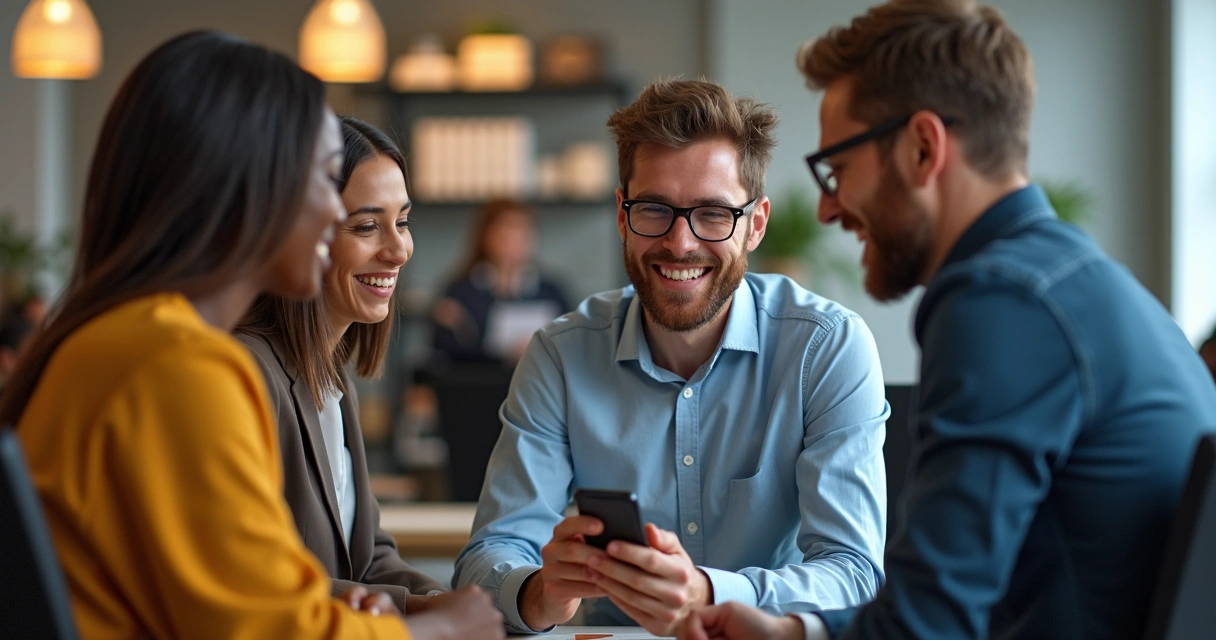 Vendedor lendo mensagem positiva de cliente no celular, sorrindo, equipe olhando, ambiente descontraído 