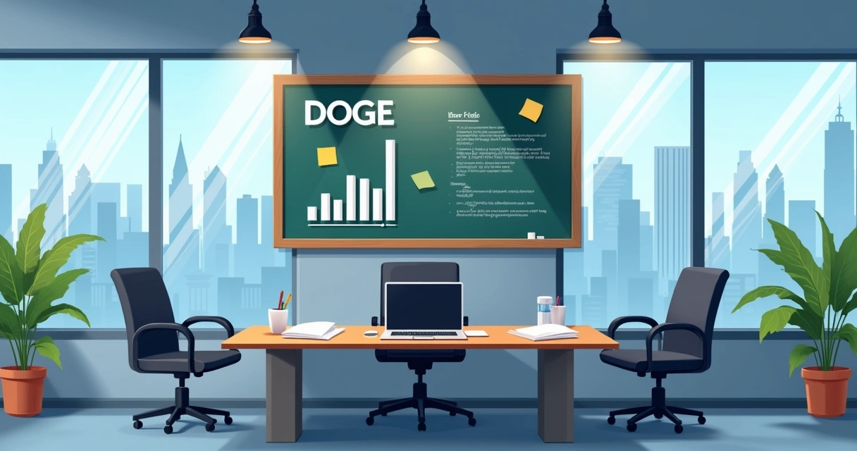 Escritório moderno, símbolo do DOGE na parede e quadro-negro com gráficos e apagamentos, sugerindo mudanças bruscas. 