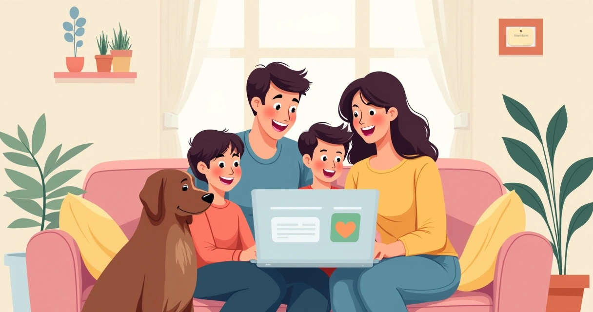 Família reunida usando computador com cartão saúde 