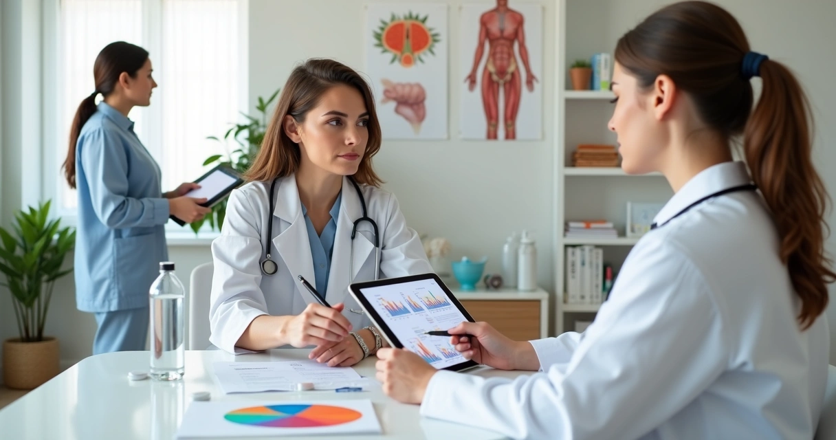 Mulher em consulta de emagrecimento com equipe de saúde avaliando exames e plano alimentar 