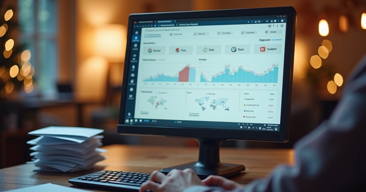 Tela de computador mostrando campanha de e-mail marketing com gráficos de resposta, pilha de envelopes ao lado, pessoa digitando no teclado 