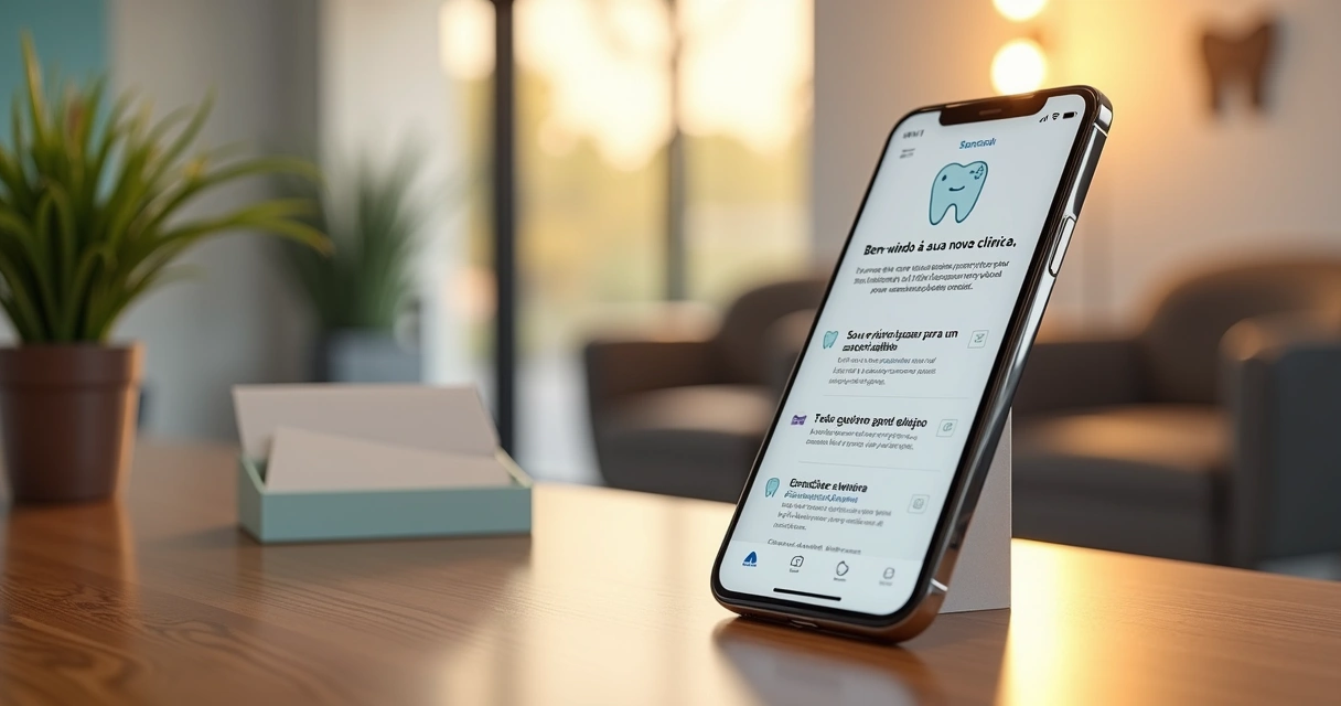 Sequência de e-mails odontológicos aberta em smartphone em ambiente acolhedor de clínica 
