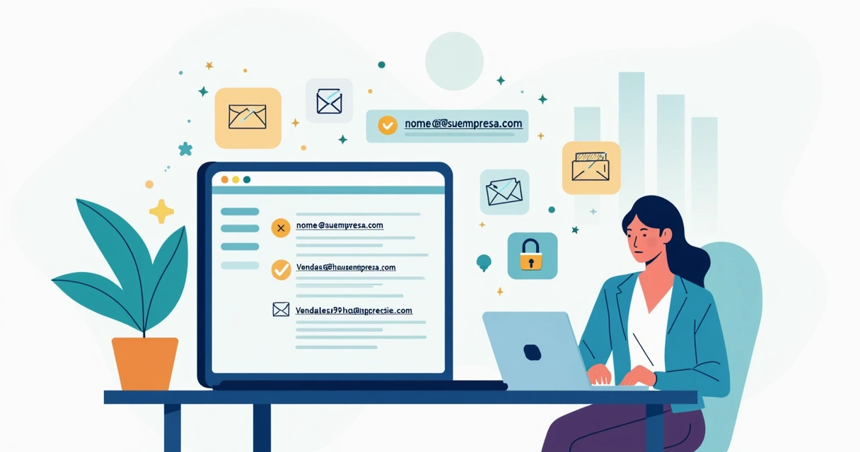 Ilustração de profissional configurando email corporativo em notebook com domínio próprio 