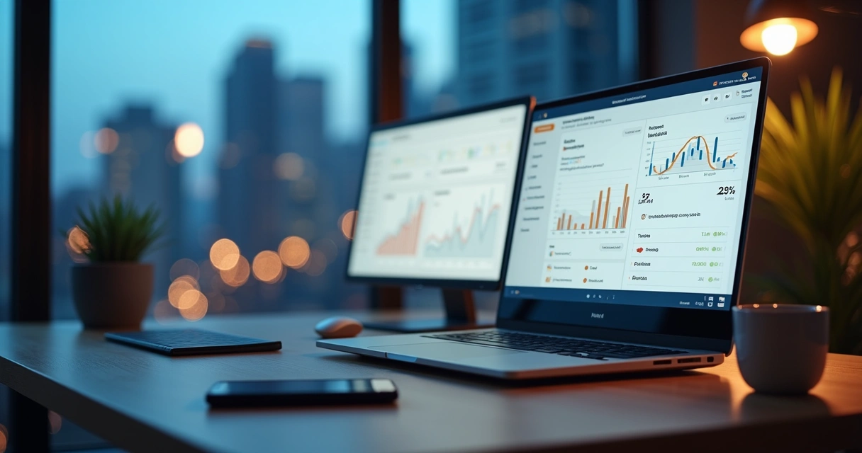 Empresário analisando tela com e-mails corporativos organizados e domínio profissional 