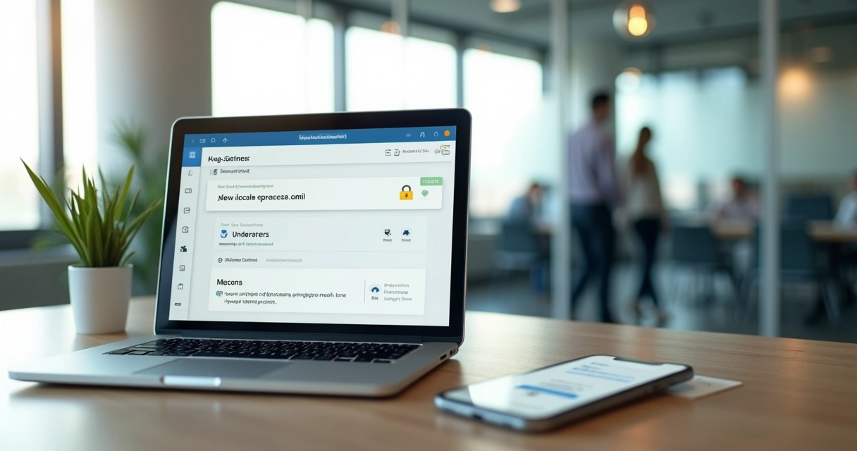 Profissional configurando e-mail corporativo seguro em escritorio moderno 