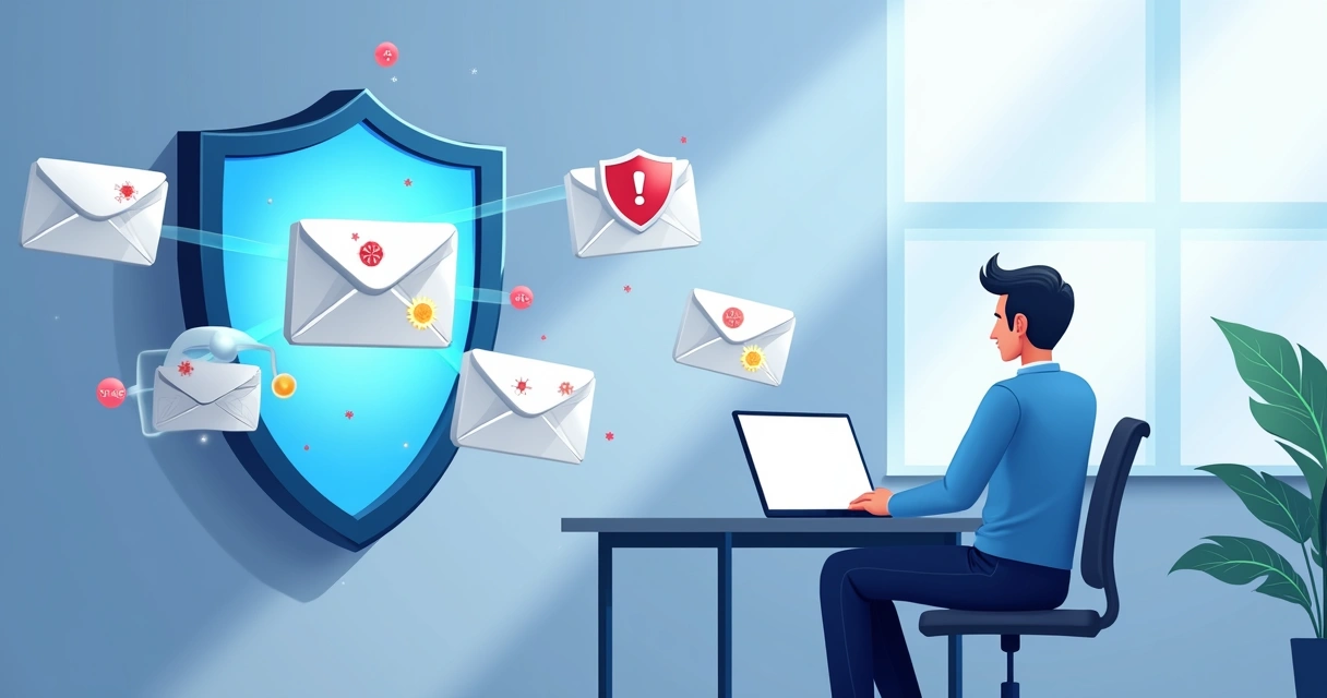 Desenho colorido de e-mails sendo analisados por filtros antispam 