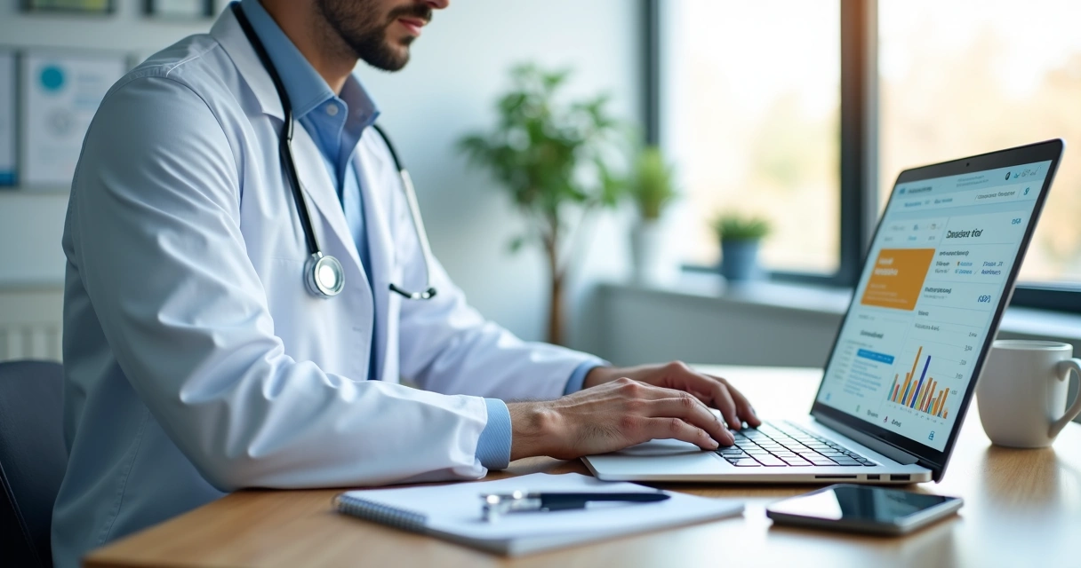 Médico usando laptop com painel de e-mail marketing em consultório moderno 