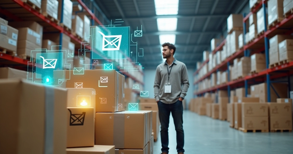 Profissional organizando caixas de e-commerce enquanto disparos de email marketing são projetados ao fundo 