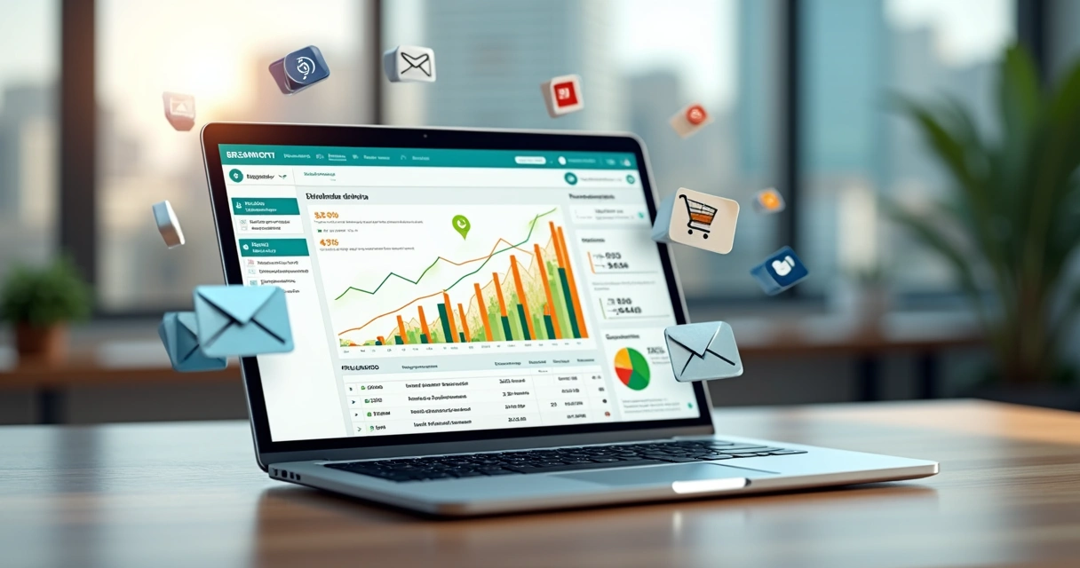 Painel de e-mail marketing com gráfico de vendas crescendo em loja virtual 