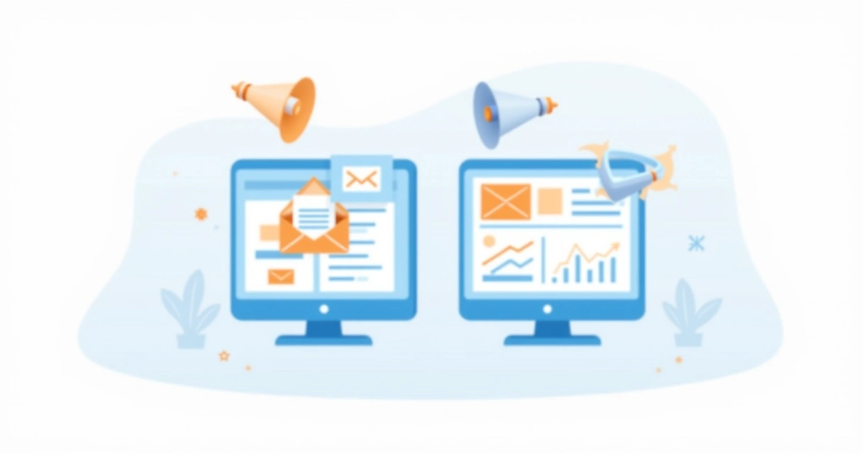 Dois computadores lado a lado, um exibindo um editor de e-mails e o outro uma tela de anúncios online 