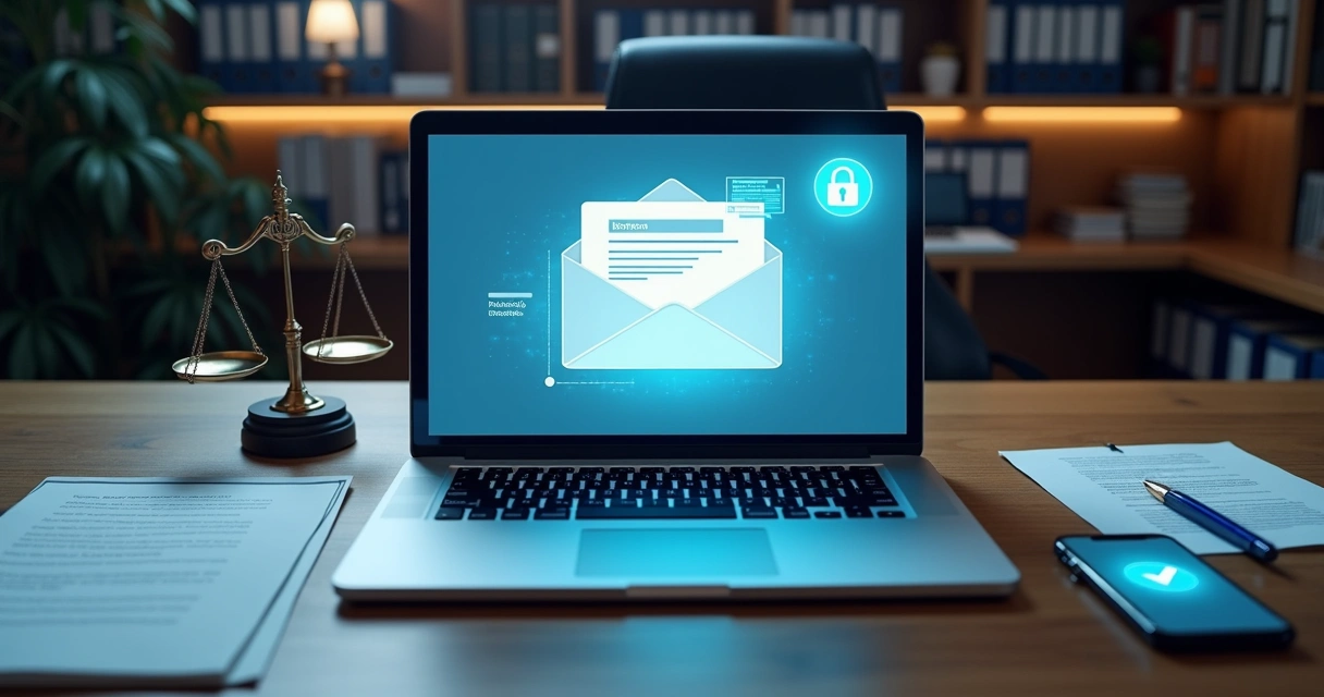 Mesa com notebook exibindo notificação extrajudicial por e-mail e símbolo de certificação digital em destaque 
