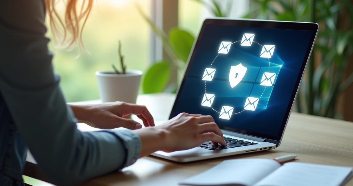 Person analyzing email privacy options on laptop 