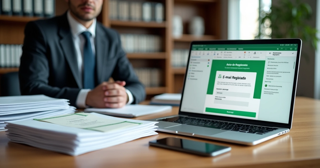Advogado compara carta com AR físico e e-mail registrado em tela de notebook 
