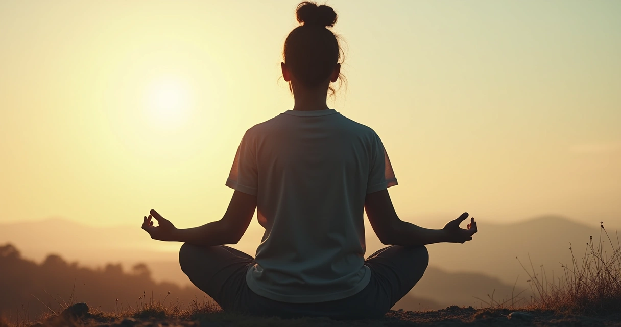 Silueta de una persona meditando, sombra oscura de emociones detrás 