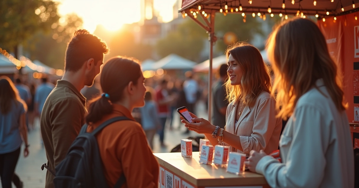 Embaixadora de marca interagindo com público em evento urbano 