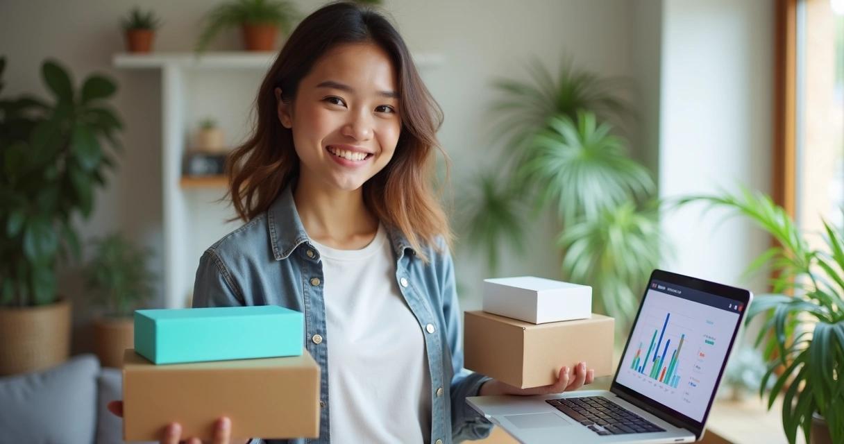 Mulher sorrindo segurando produtos na frente de um laptop aberto com gráficos de vendas em destaque ao fundo 