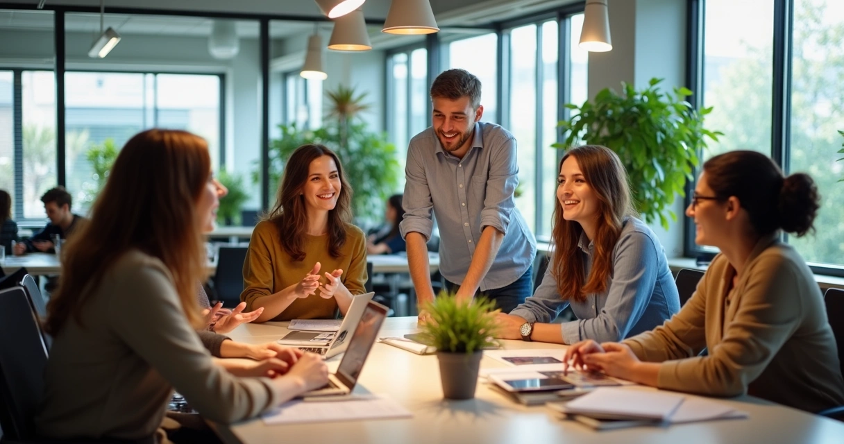 Colaboradores conversando, sorrindo e trocando ideias em um ambiente de trabalho moderno 