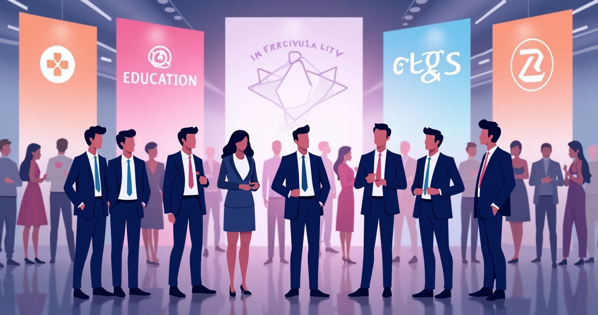 Grupo de embaixadores por setor em evento, com crachás segmentados. 
