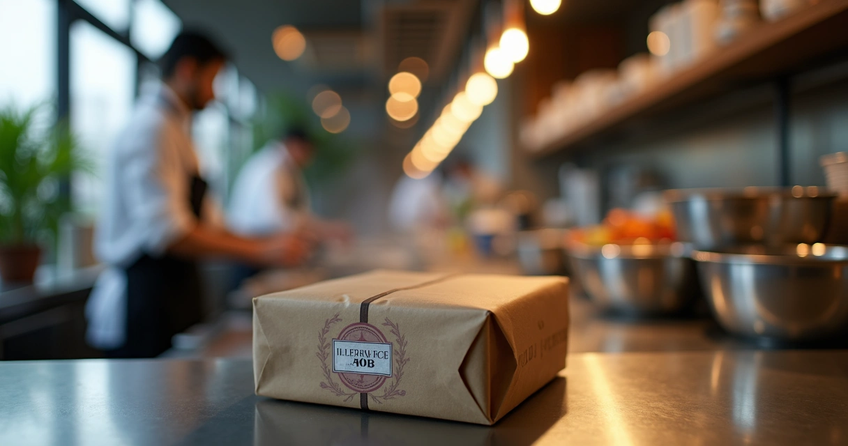 Embalagem de comida para viagem destacada em foco na bancada 