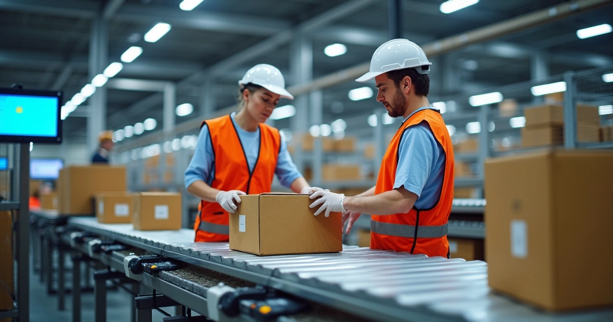 Equipe embalando pedidos com equipamentos de automação logística 