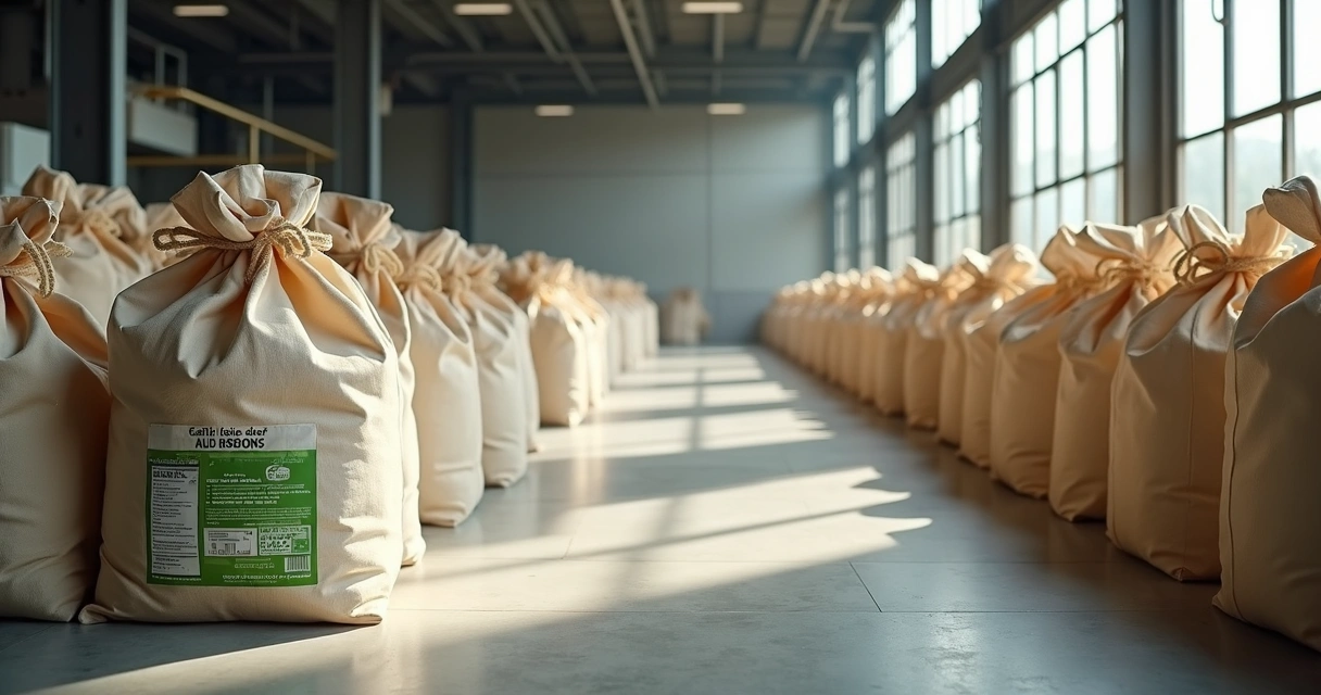 Sacos de ráfia e big bags recicláveis empilhados em depósito industrial