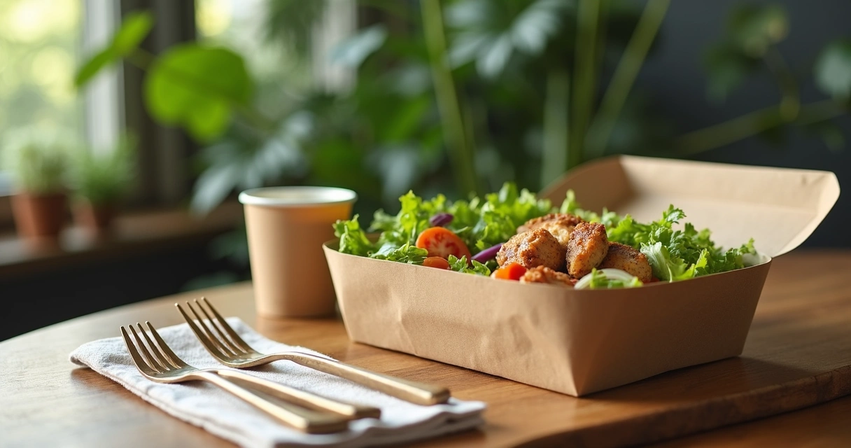 Embalagem biodegradável com refeição de delivery 