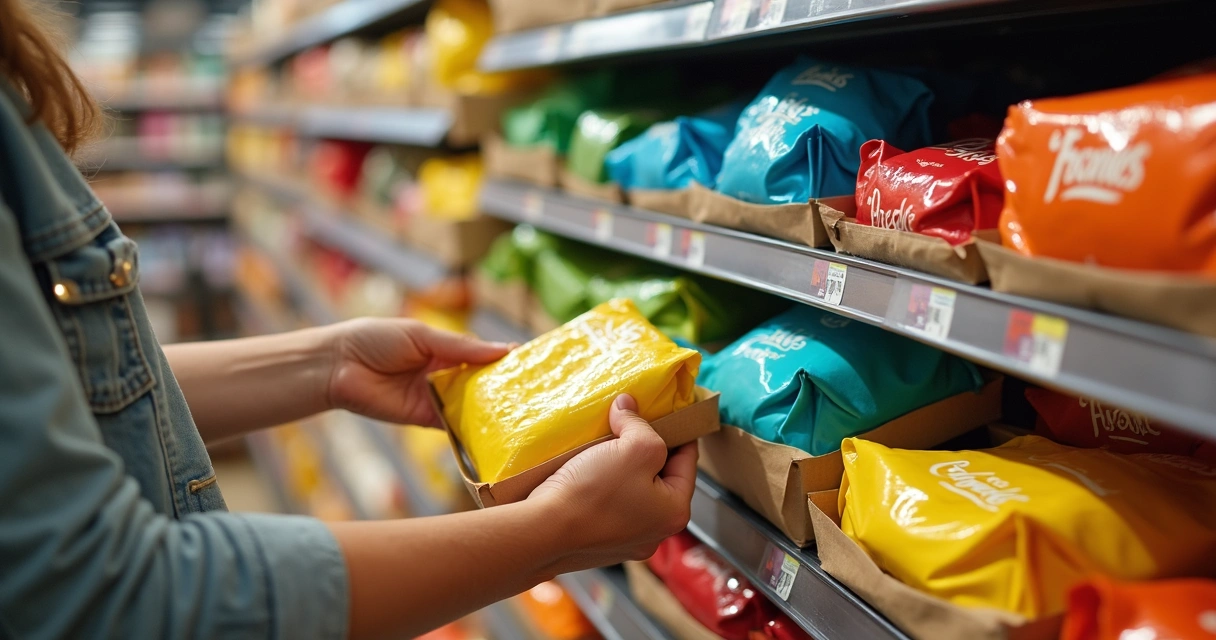 Prateleira com embalagens coloridas variadas