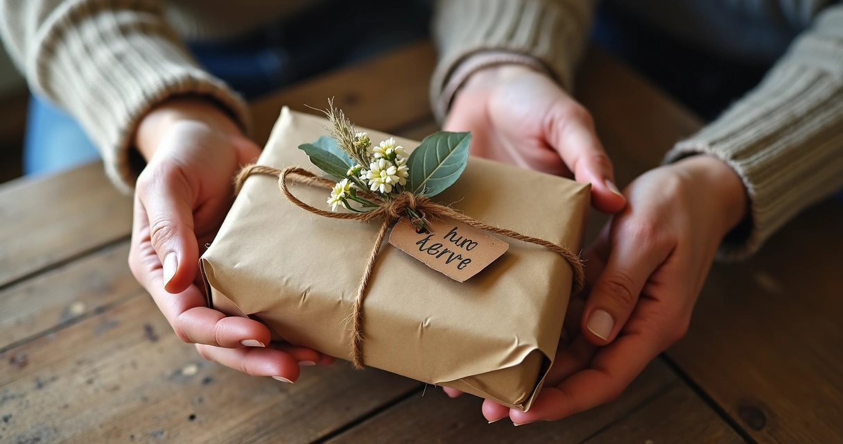 Embalagem criativa de presente para casal sobre mesa de madeira 